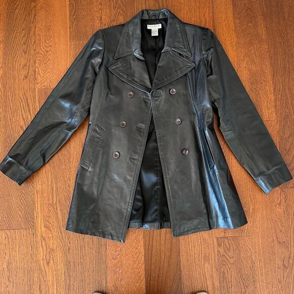 Vintage Black Leather Double Breasted Coat by bebe Size L - Picture 10 of 16